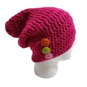 Slouchy Beanie Hat pink raspberry buttons